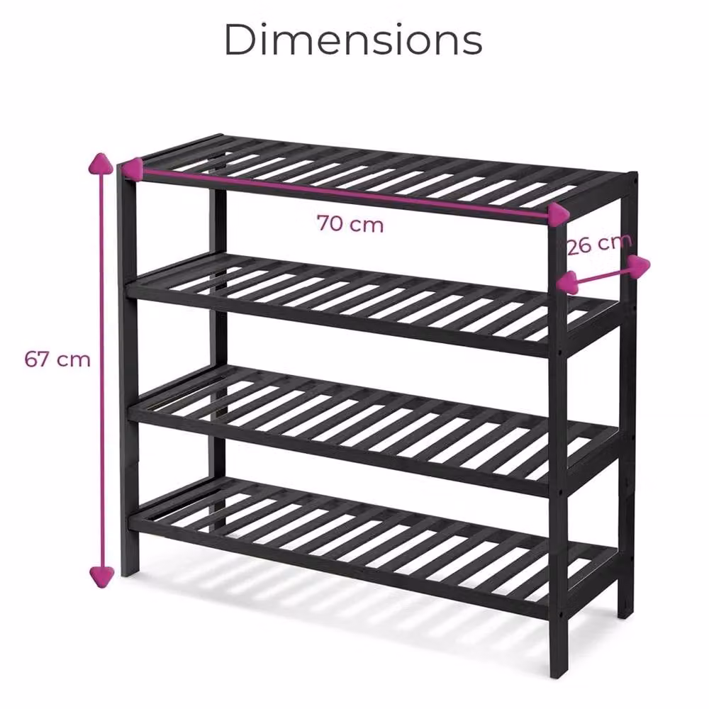 Nordara Black 4-Tier Bamboo and Metal Shoe Rack for Hallway Storage, W/D/H: 70.0 x 25.0 x 67.0 cm – 1