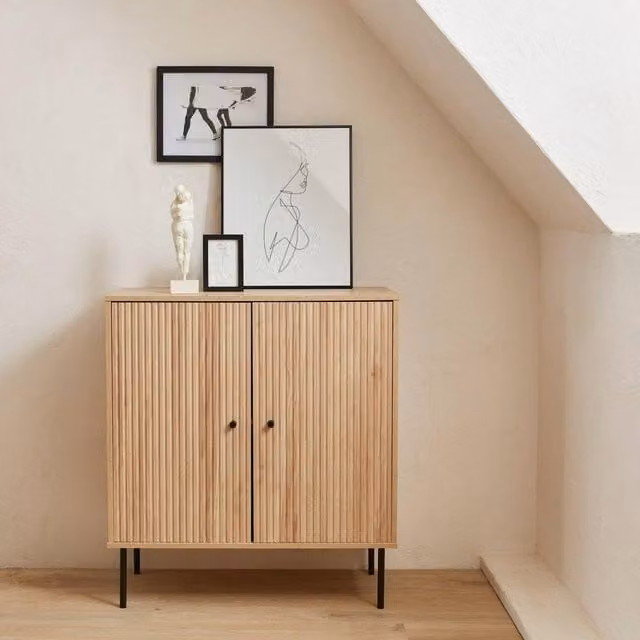 Sweekeek Modern Grooved Storage Cabinet in Light Brown with Metal Accents – 1