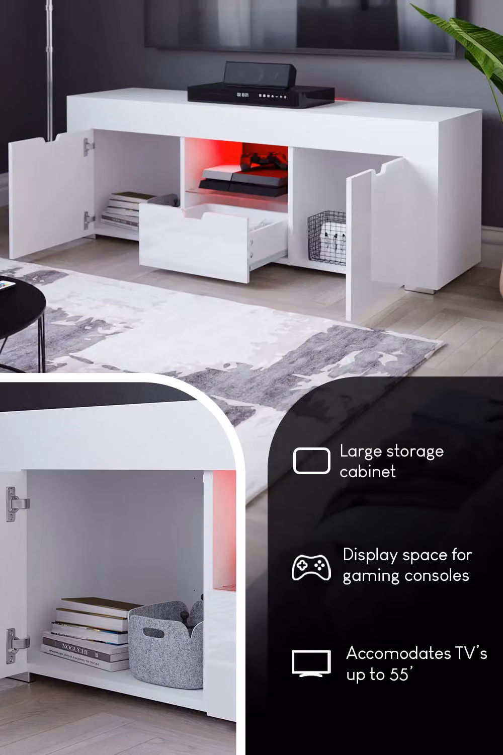 Vida Designs Eclipse Modern White Glossy LED TV Unit with 2 Doors, 1 Drawer and Integrated Lighting – 4