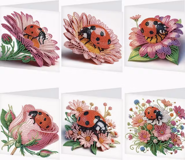 Syntego Pack of 6 Red and Multicolour Lady Bug Diamond Art Cards for Adults