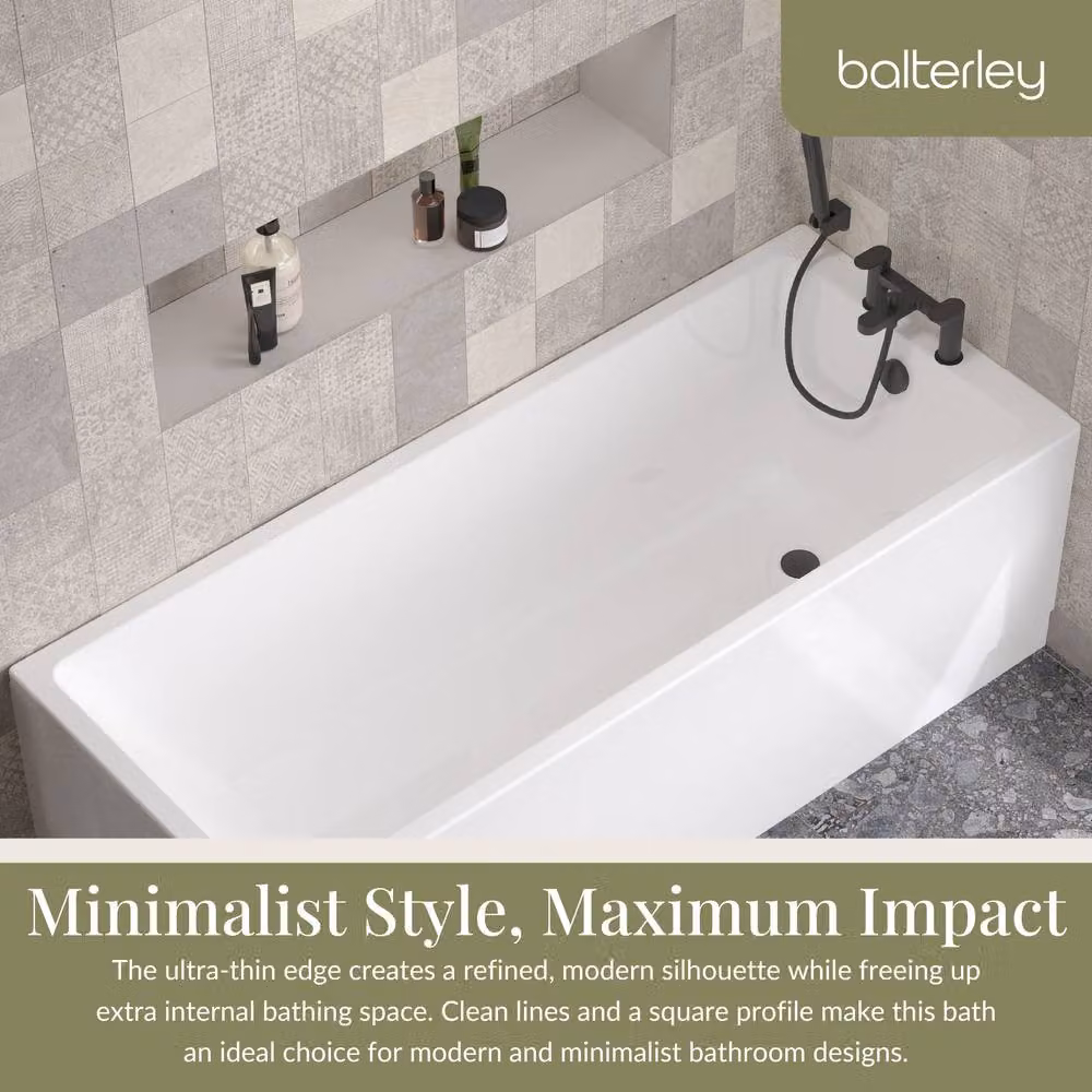 Balterley Square Thin Edge Single Ended Shower Bath with Leg Set, White, W: 1700 mm, D: 700 mm – 2