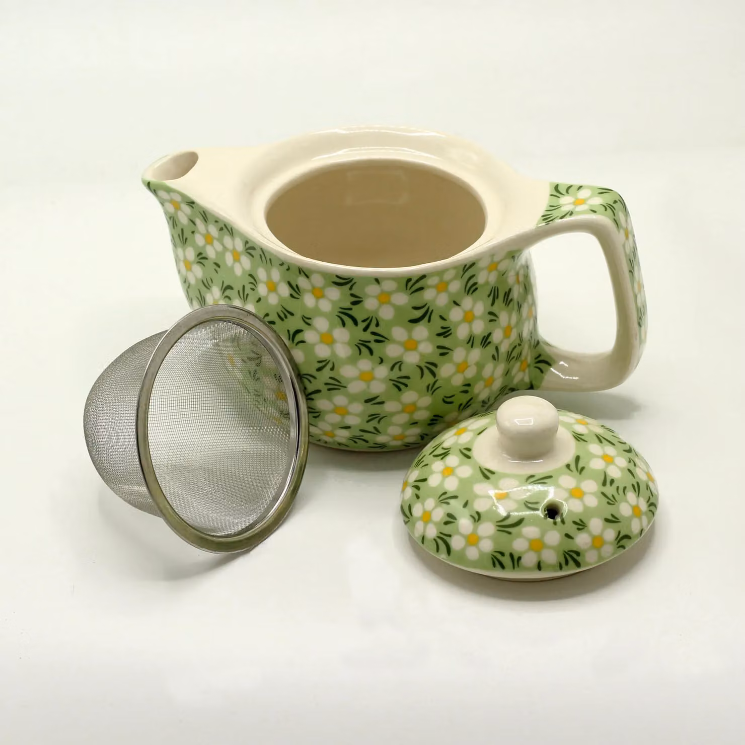KDMD Small Green Daisy Ceramic Herbal Teapot with Infuser