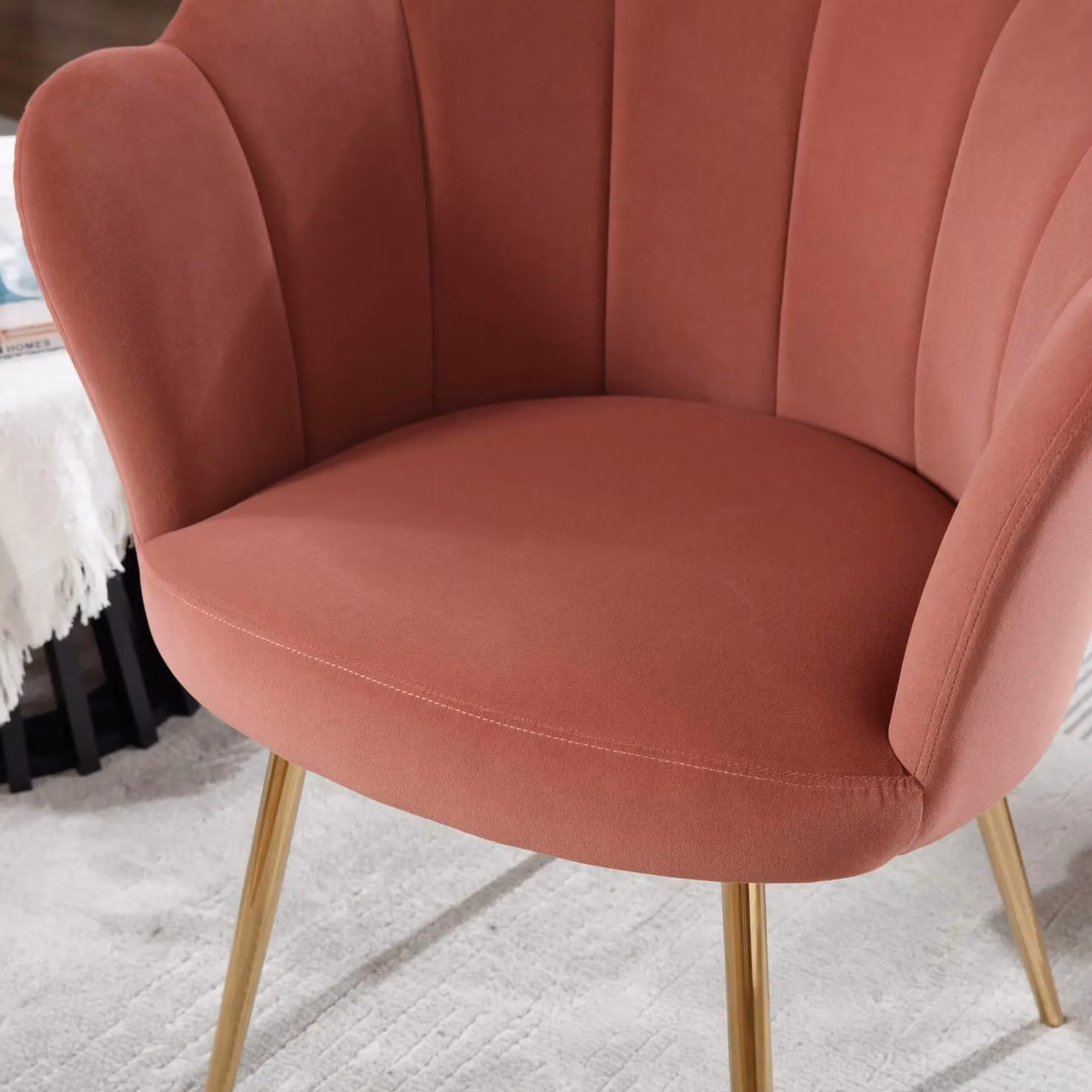 Home Source Pink Boucle Fabric Scallop Shell Wing Back Armchair with Gold Legs – 2