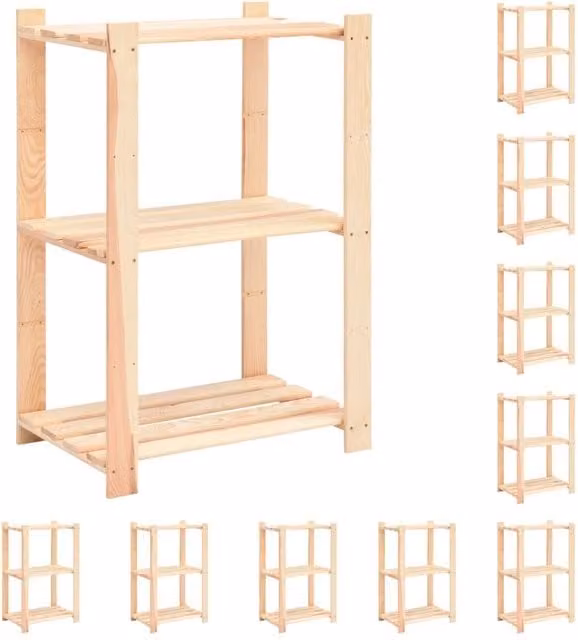 Berkfield Home 10-Piece Set of 3-Tier Solid Pinewood Storage Racks in Beige, W/D/H: 60 x 38 x 90 cm