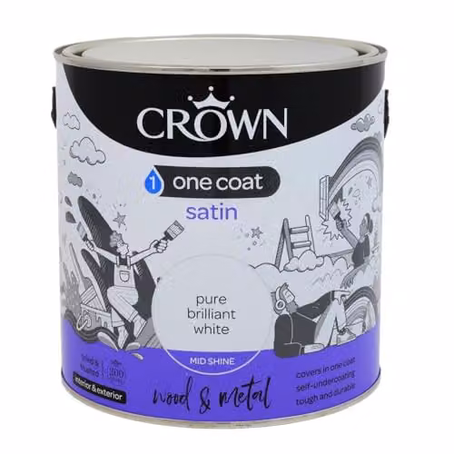 Crown One Coat Satin Wood and Metal Paint, White, 0.75 l