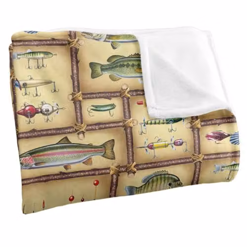 JQ Licensing Fish Sticks Lodge Fishing Lures Pattern Super Soft Fleece Throw Blanket, White, W: 152 cm, D: 127 cm – 2