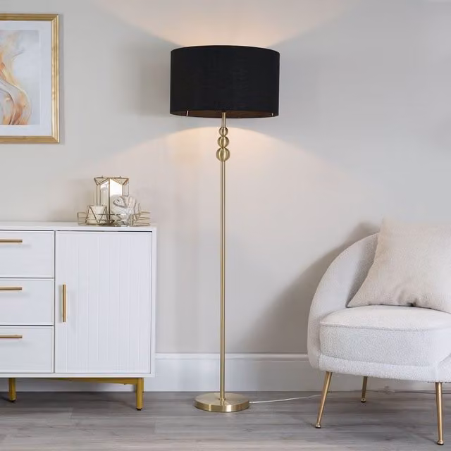 ValueLights Gold Stacked Ball Floor Lamp with Black Fabric Drum Shade and Bulb