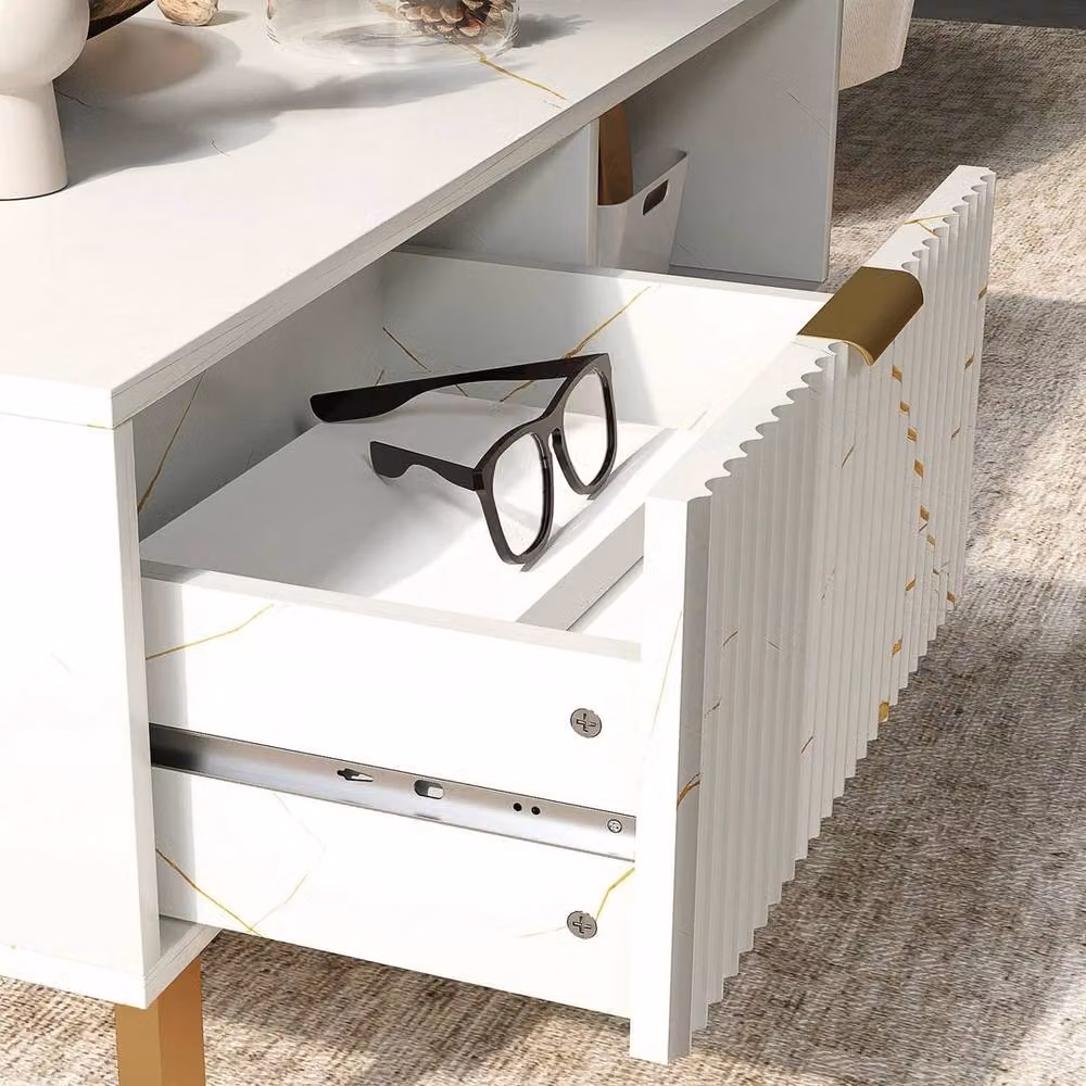 NESTLUNE White and Gold Rectangular Coffee Table with Drawer and Sled Base, W: 100 cm, D: 15 cm, H: 15 cm – 3