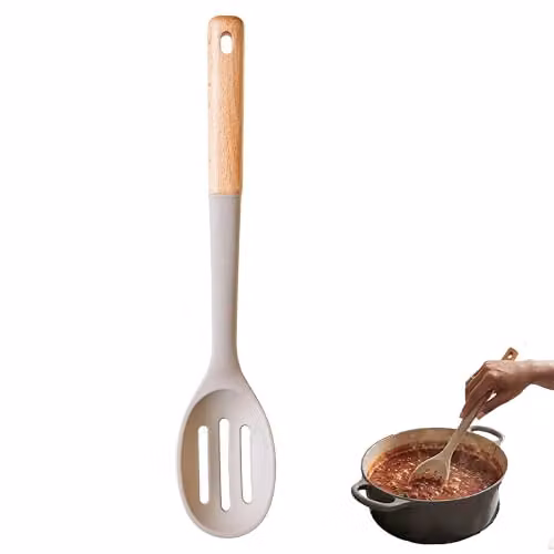 Premier Housewares Grey Silicone and Wood Slotted Skimmer Spoon, Heat-Resistant and Non-Scratch Kitchen Utensil