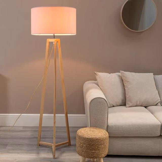 ValueLights Lottie Natural Wood Floor Lamp with Pink Fabric Drum Shade and Warm White LED Bulb