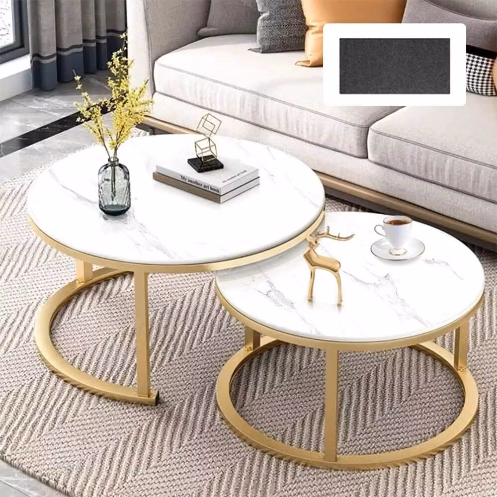 VOGREX Set of 2 Modern Round Nesting Coffee Tables in White and Gold – 2
