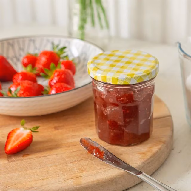 Argon Tableware Glass Jam Jars with Yellow Gingham Screw Lids, 250ml, Pack of 12