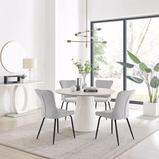 FurnitureboxUK Palma Beige Stone Effect Round Dining Table and 4 Nora Black Leg Chairs in Light Grey