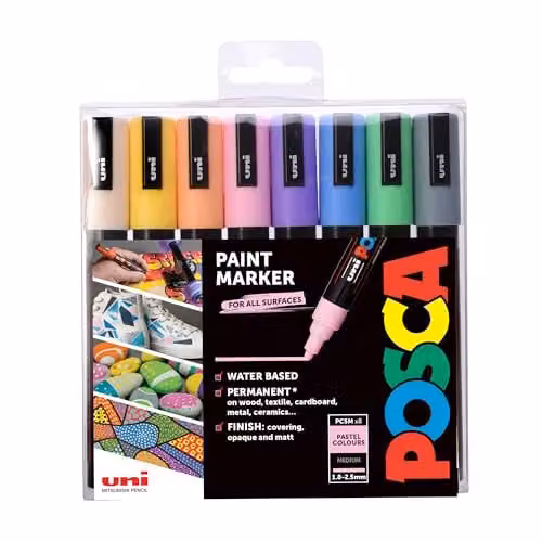 POSCA PC-5M Medium Tip Acrylic Paint Marker Pens in 8 Multicolour Pastel Shades
