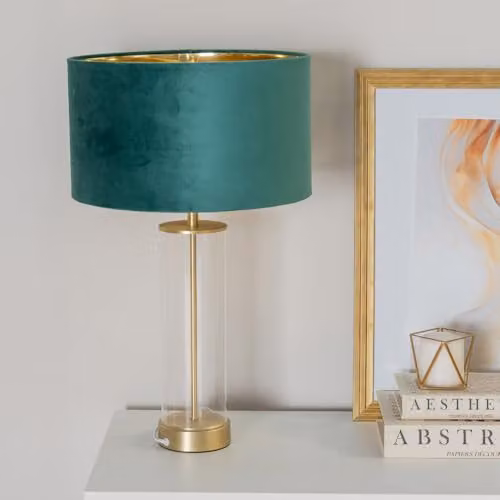 ValueLights Balan Table Lamp with Green Velvet Shade, Gold and Transparent Glass Tube and Warm White LED Bulb – 2