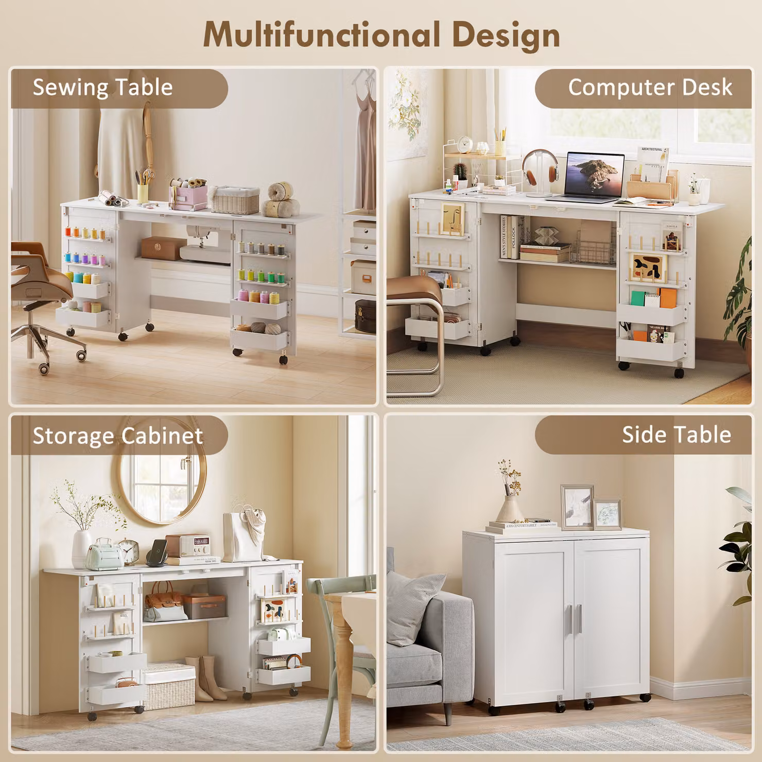 HOMCOM Folding Sewing Table with 2 Magnetic Doors, Storage Shelf and Lockable Wheels, White – 2