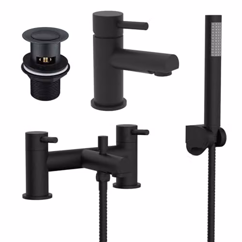 Nes Home Matt Black Brass Shower Mixer Tap Set with Handheld Shower and Basin Mixer Tap & Waste