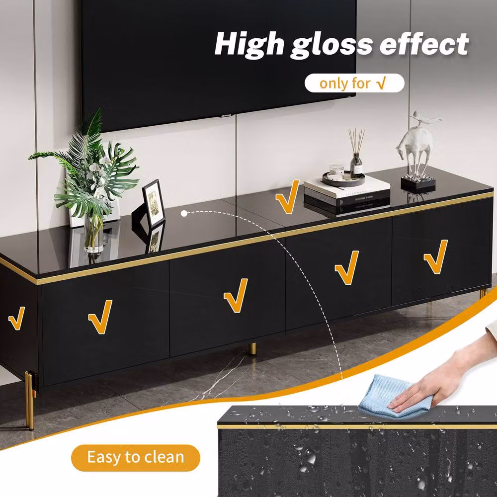 Merax Modern High Gloss TV Unit in Black with Gold Metal Legs and 4 Doors, Width: 170 cm – 5