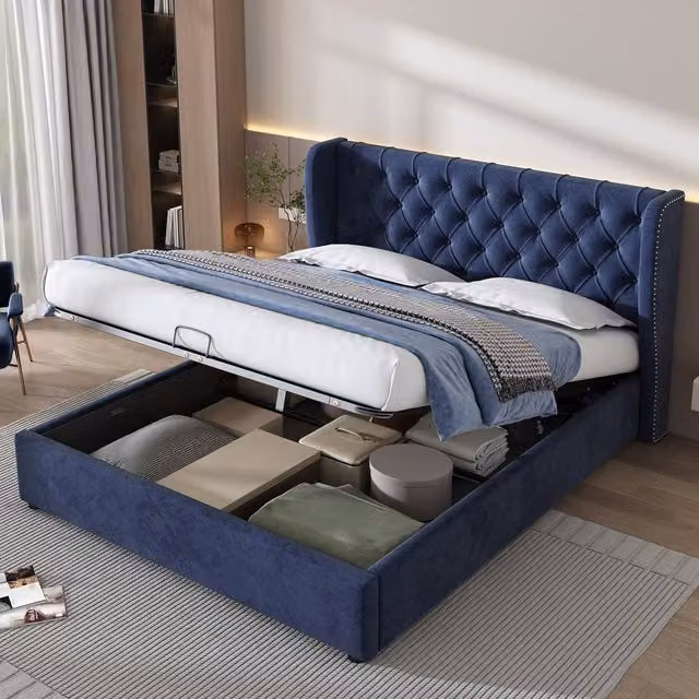Rolipo Blue Velvet Upholstered Double Bed with Lift Up Base, W/D/H: 140 x 200 cm