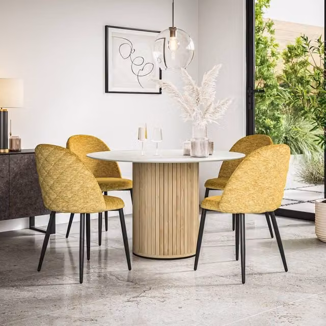 More4Homes Arlo White Marble Top Round Dining Table with Oak Legs and 4 Raye Mustard Velvet Dining Chairs Set, W: 120 cm, H: 75 cm