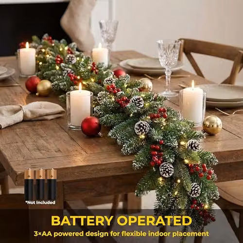 SHATCHI 2m Snow Flocked Artificial Green Christmas Garland with Warm White LED Lights, Pinecones and Red Berries – 4