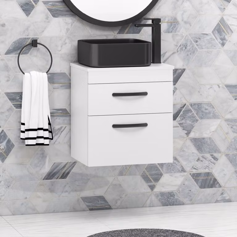 Royal Bathrooms 500mm Wall Hung 2 Drawer Gloss White Vanity Unit with Art Square Countertop Basin