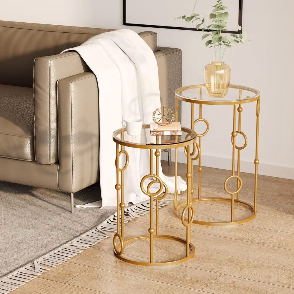 ERGOVEXA Nesting Round Coffee Table Set of 2 with Gold Tone Metal and Glass Tops – 4