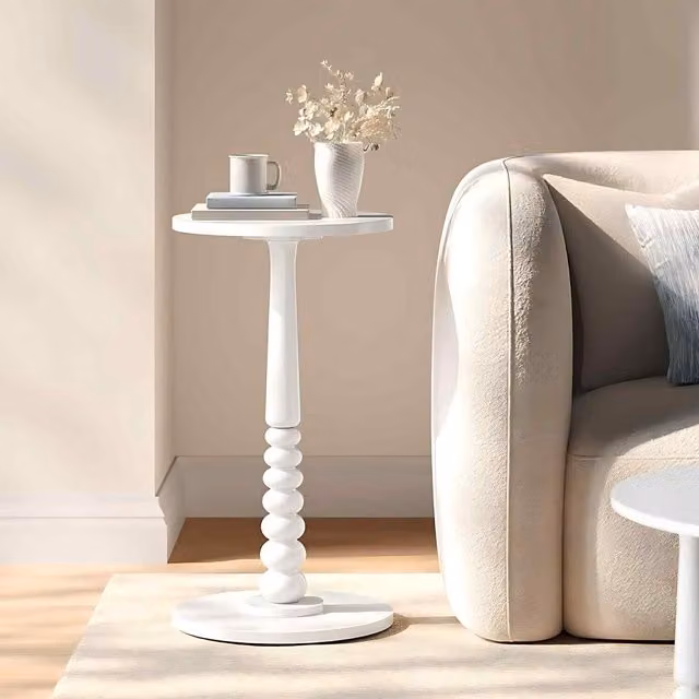 The Bazaarist Round Accent Side Table in Cloud White with Rubberwood Legs, Diameter: 30 cm, Height: 55 cm