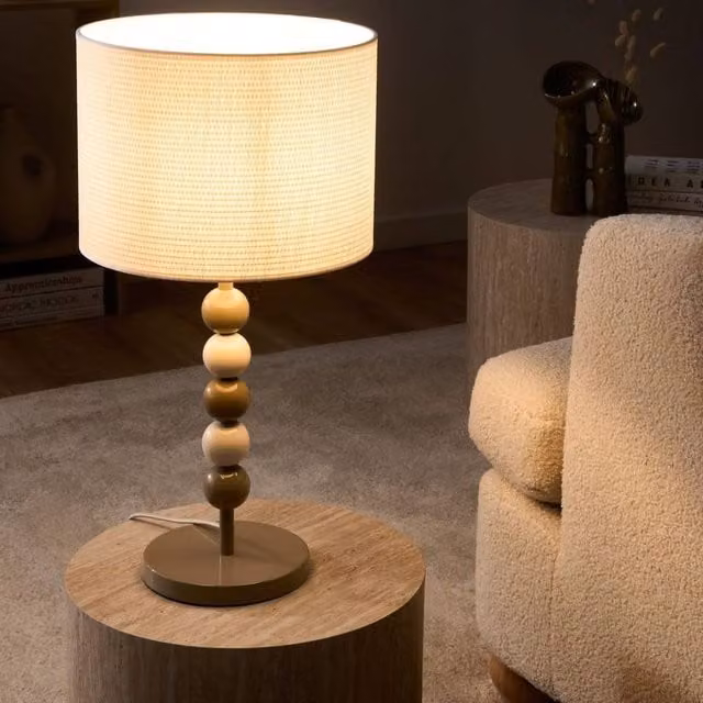 Wyld and Coco Mid-Century Table Lamp with Beige Fabric Drum Shade and Metal Stacked-Sphere Base – 1