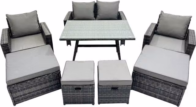 Fimous 8 Seater Outdoor Dining Set with Double Seat Sofa and 4 Stools in Dark Grey