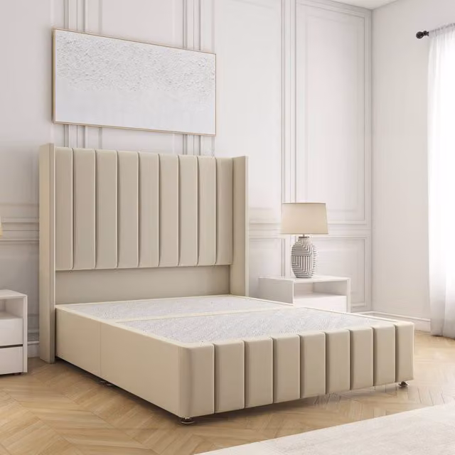 BSSPOKE Zoe Double Divan Bed with 54 inch Plush Velvet Headboard in Beige, W/D/H: 140 x 200 cm