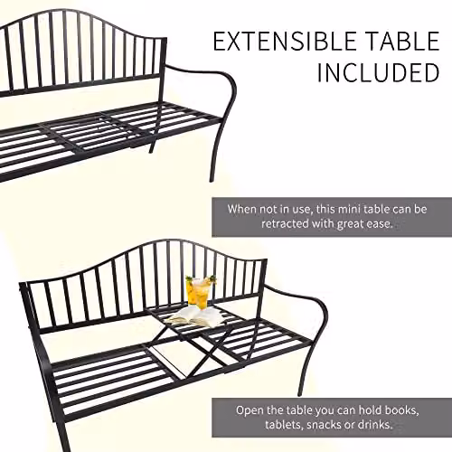 Outsunny 2 Seater Metal Garden Bench with Foldable Middle Table in Black – 3