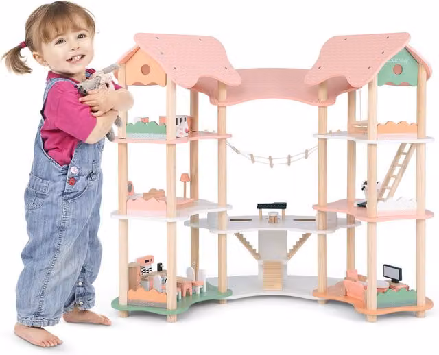 Costway Multi-Layer Wooden Dollhouse Toy for Kids in Pink
