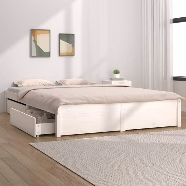 Berkfield Home White Rustic Pine Bed Frame with Drawers W: 160 cm, D: 200 cm – 1