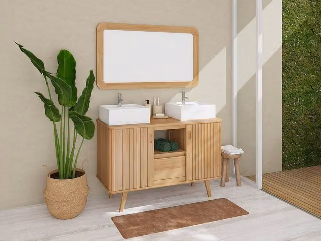 Vente-unique Freestanding Teak Bathroom Vanity Unit with Double Square Ceramic Basin in Light Oak Brown – 1