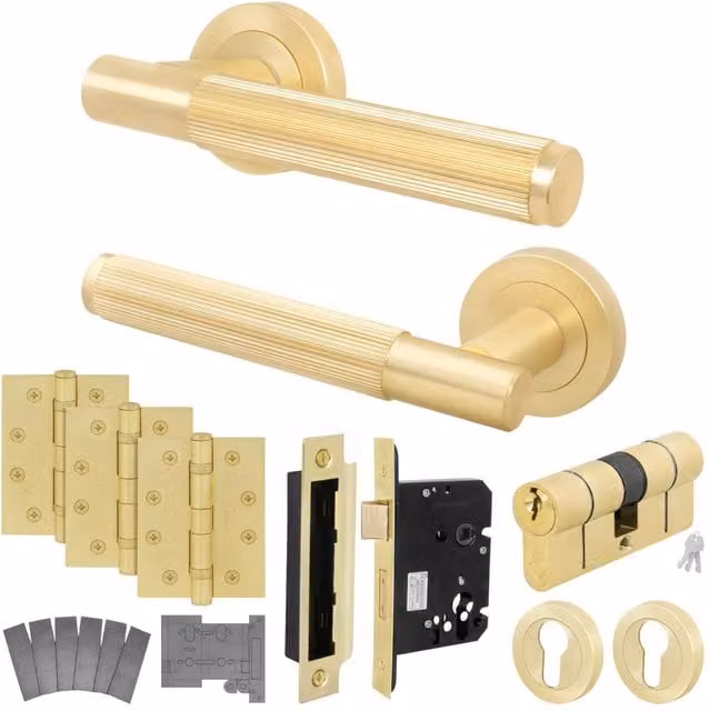 AFIT Brass Fire Door Handle with Euro Lock, Double Cylinder and Hinges, Gold, W/D/H: 15 x 15 x 1.5 cm – 1