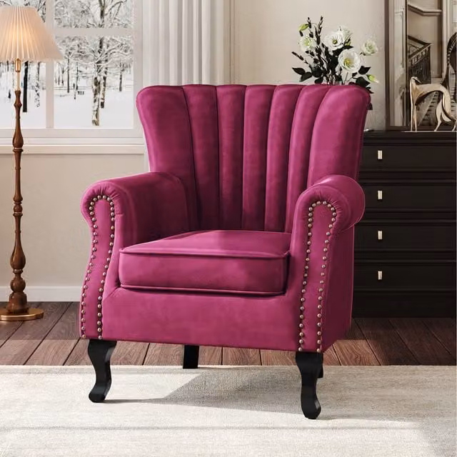 Komore Red Velvet Wingback Armchair with Armrests