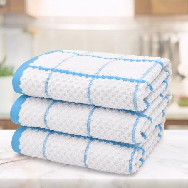 Kitchen Trends Set of 3 Highly Absorbent Checked Cotton Tea Towels in Blue, Grey, Beige, Orange and White