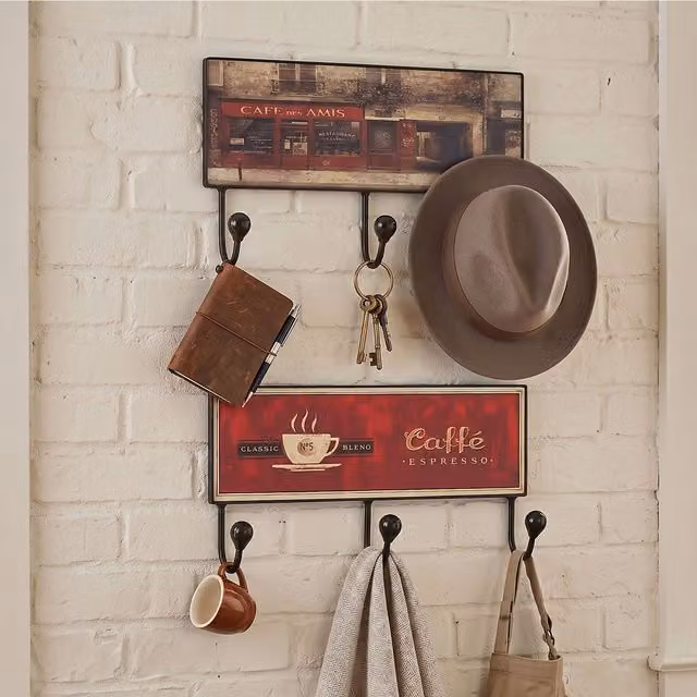 Orsina Wall-Mounted 3-Hook Wooden Rack with Assorted Café Designs in Multicolour and Black – 2