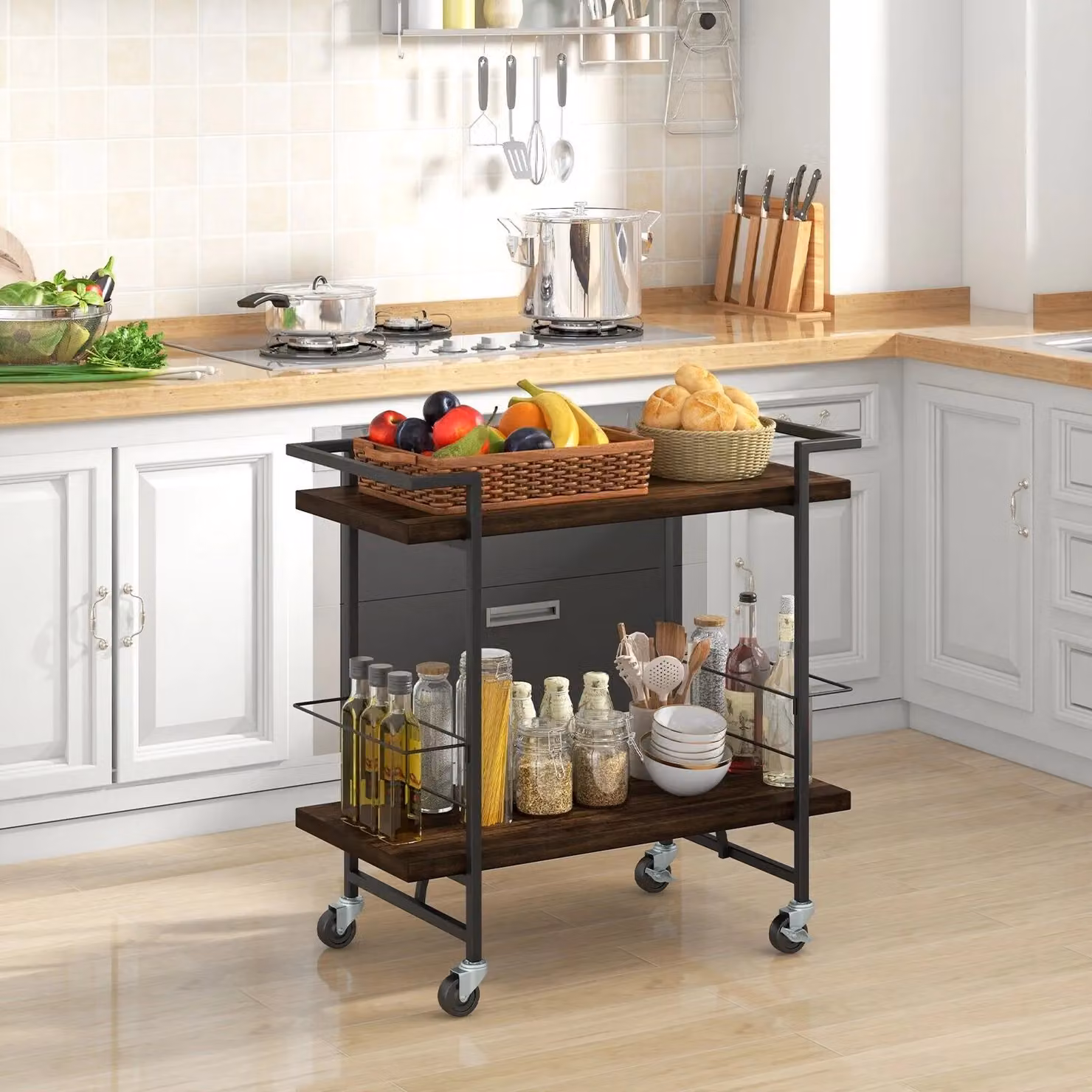 Costway 2-Tier Wooden Industrial Home Bar Cart and Kitchen Mobile Trolley with Lockable Wheels in Brown – 2