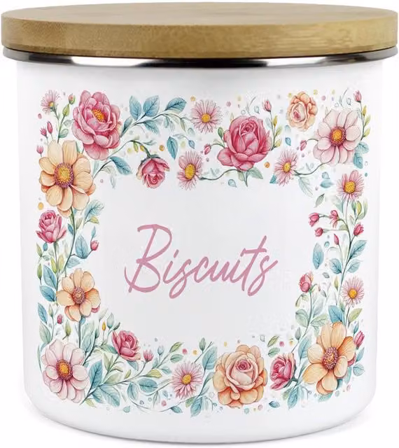 Purely Home Floral Pink Roses Kitchen Storage Canister in White Enamel Ceramic