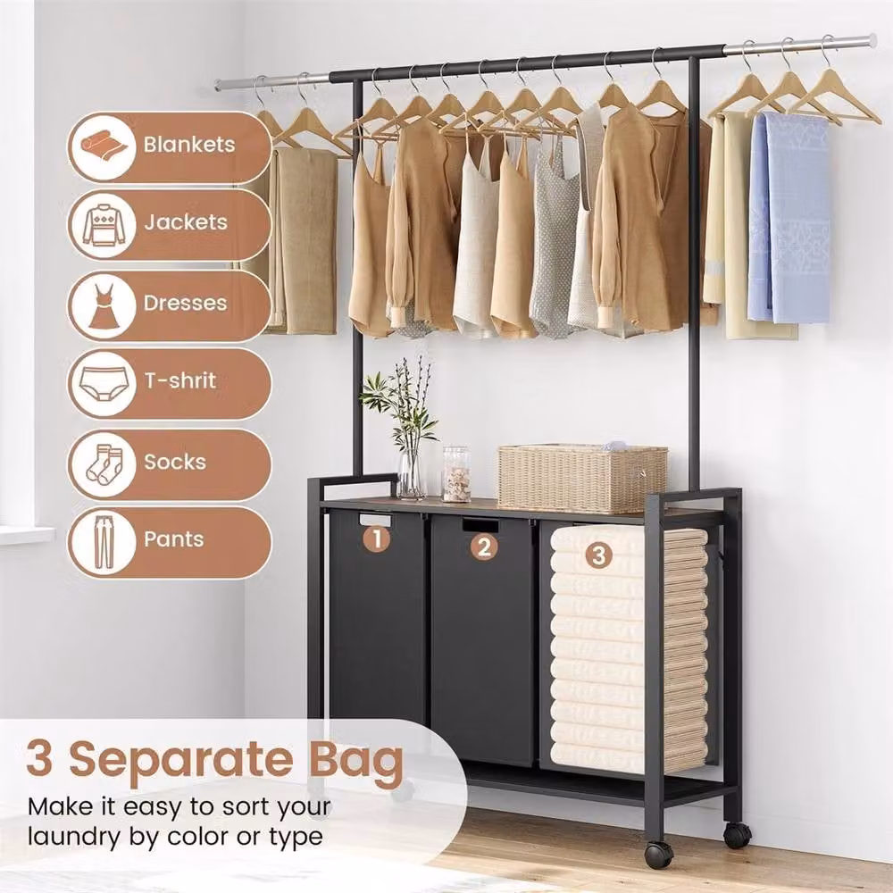 VOGREX 3-Compartment Pull-Out Metal Laundry Hamper with Removable Fabric Bags, Black, 49L – 5