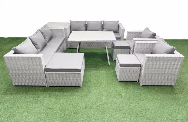 Fimous 11 Seater Modern Rattan Garden Furniture Set with 3 Stool Side Tables in Light Grey
