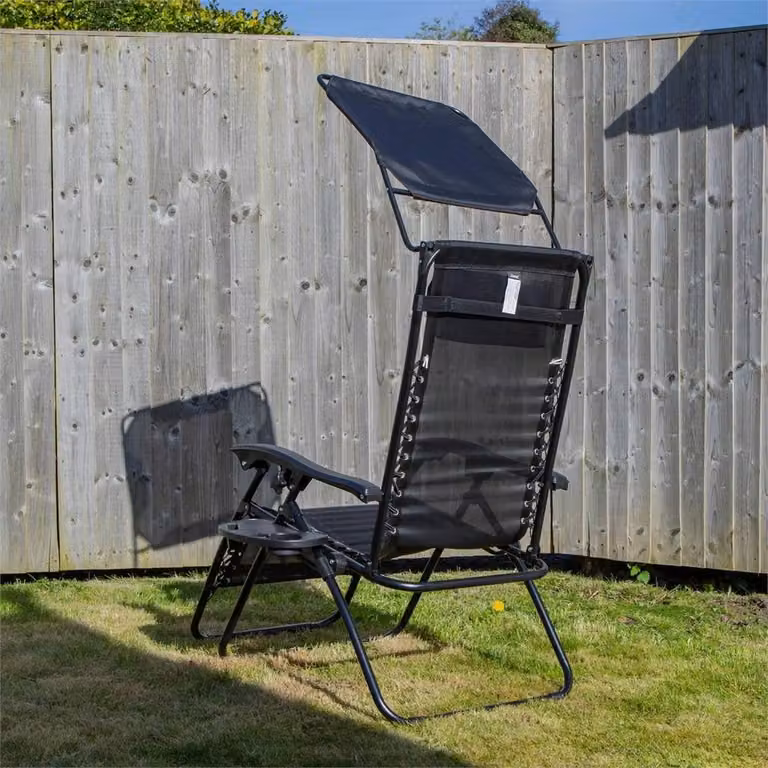 SPETLEK Set of 2 Black Multi Position Gravity Relaxer Garden Chairs with Sun Canopy and Adjustable Headrests