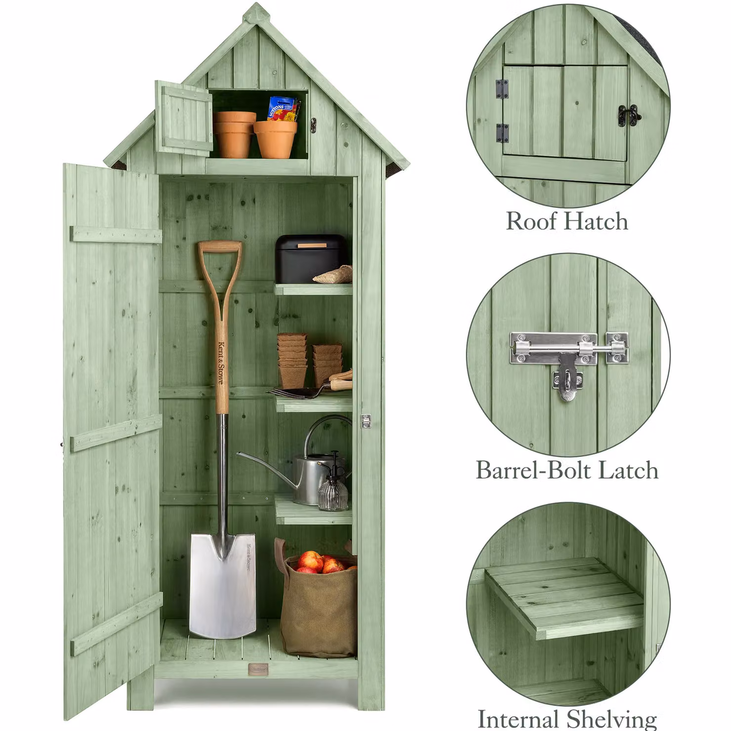 Christow Green Wooden Slim Garden Storage Shed with Lockable Single Door and Shelving, H: 179.5 cm, W: 54.2 cm, D: 77.5 cm – 4