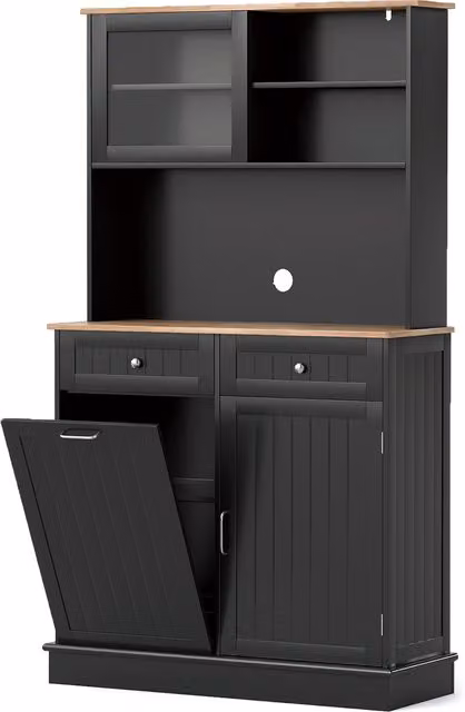 COSTWAY Black Double Tilt Out Trash Cabinet with Hutch and Internal Storage Shelves