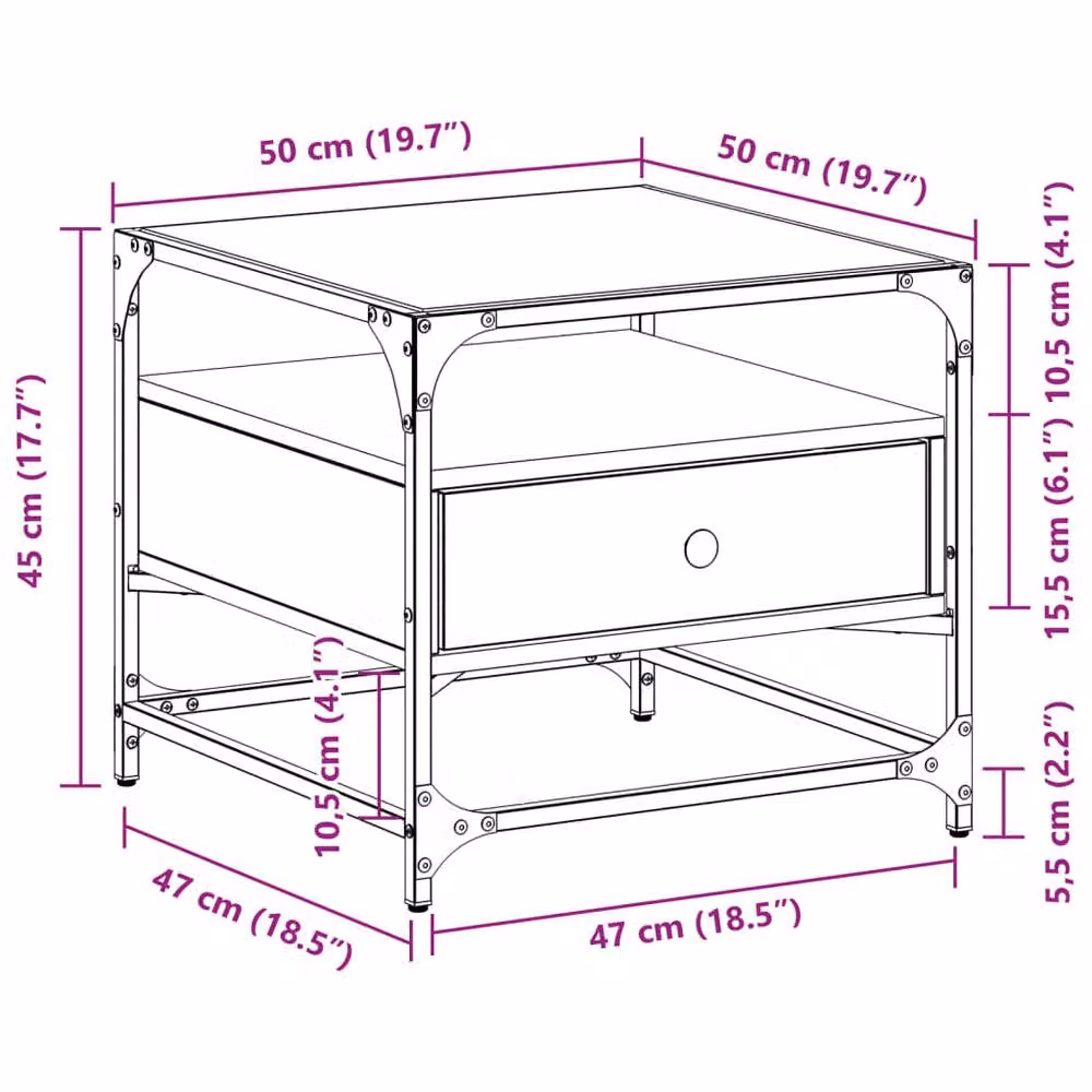 Berkfield Home Coffee Table with Glass Top in Brown Oak and Steel, W/D/H: 50 x 50 x 45 cm – 5