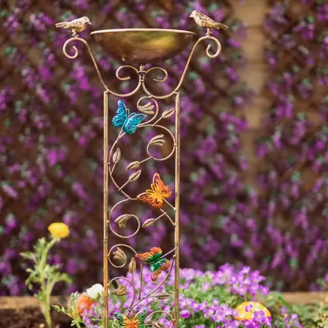 Garden Mile Bronze Effect Metal Bird Bath Feeder and Trellis in Brown