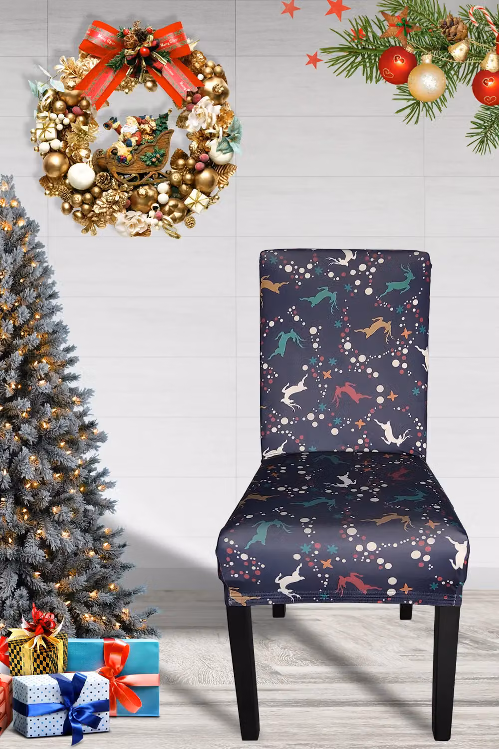 Neel Blue Short Spandex Dining Chair Slipcover with Reindeer and Snowflakes Graphic in Blue – 4