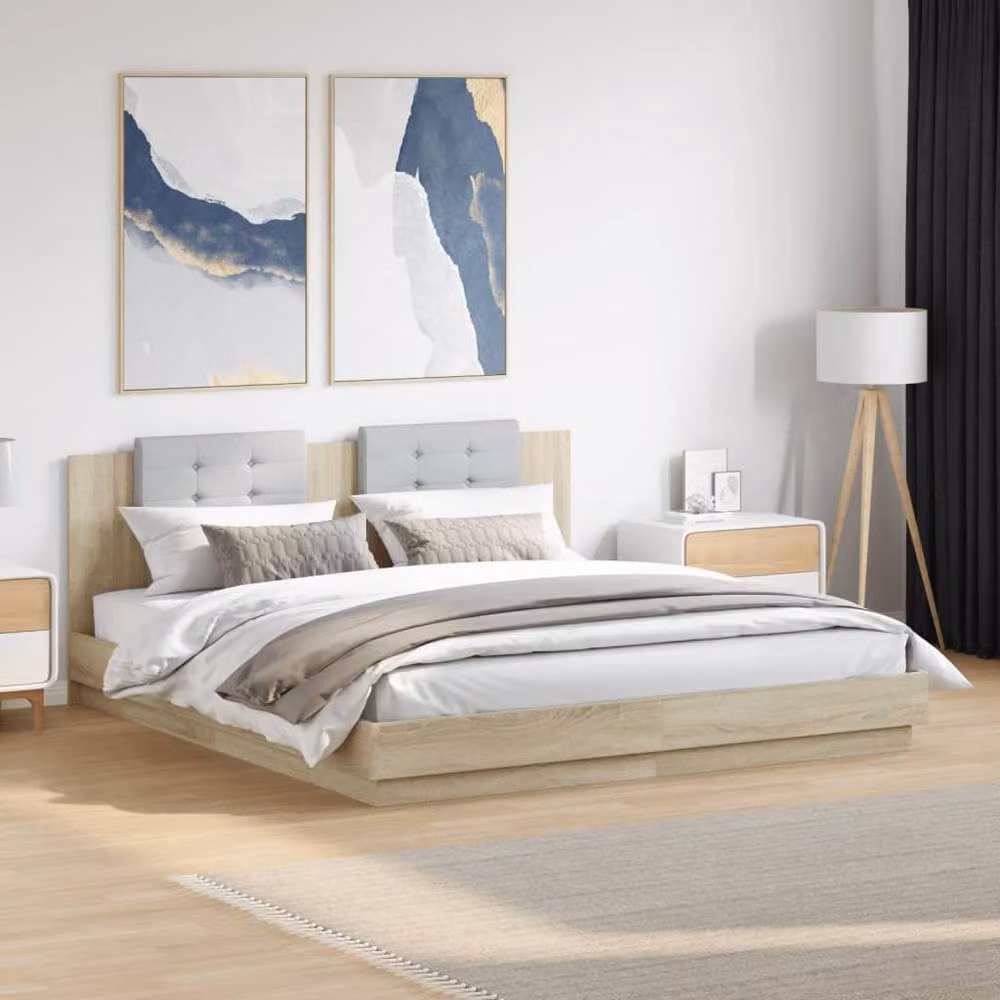 Berkfield Home Sonoma Oak Bed Frame with LED Under-Bed Lighting in Beige, W/D/H: 200 x 200 x 84 cm – 2